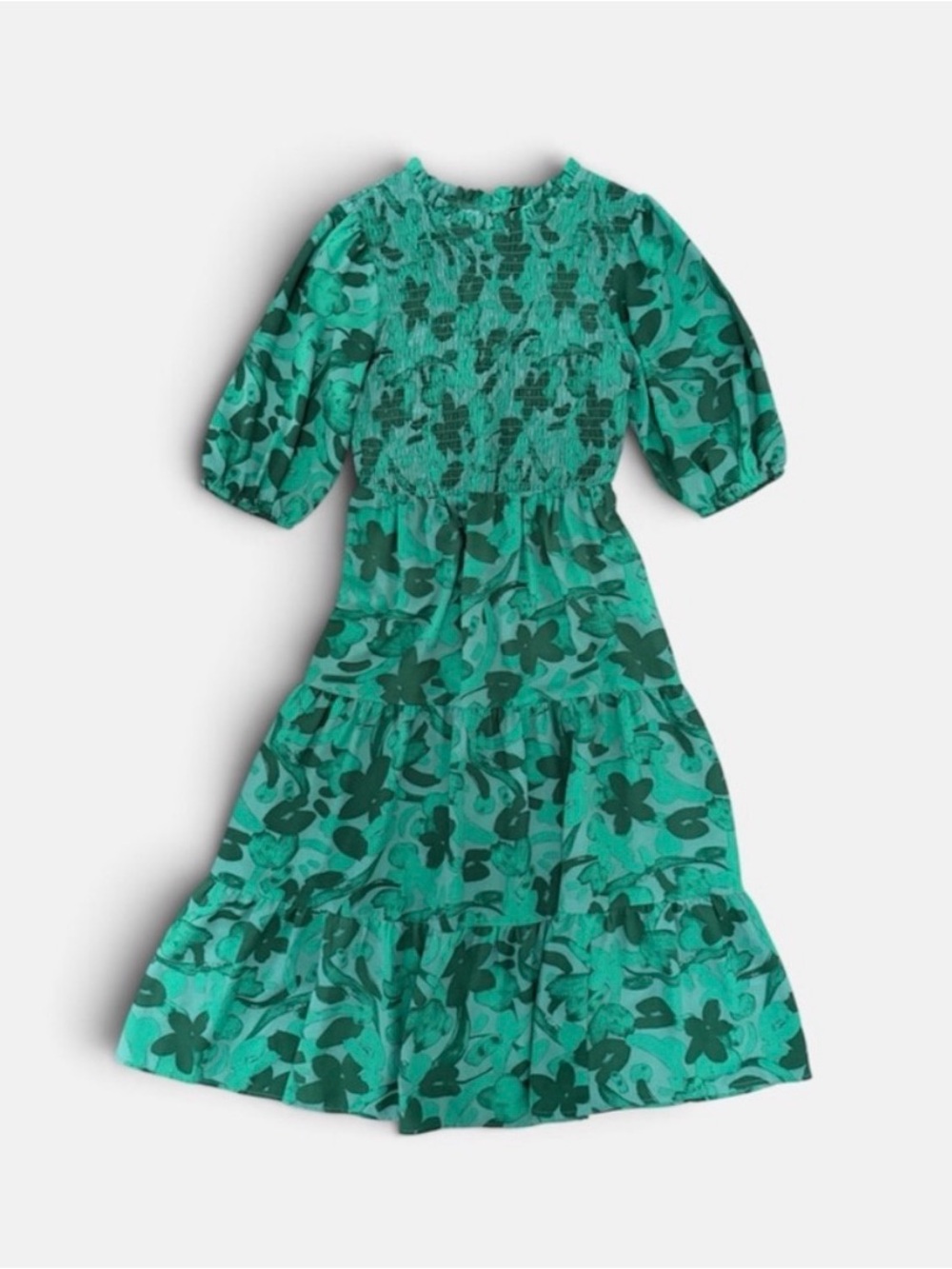 Sugarlips Yeraldi Floral Frazier Emerald Green Smocked Midi Tiered Dress size M